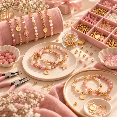 Colección de pulseras y accesorios rosas