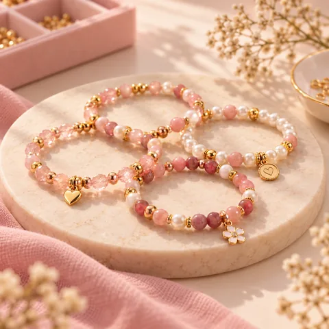 Pulseras rosas con perlas y dijes dorados
